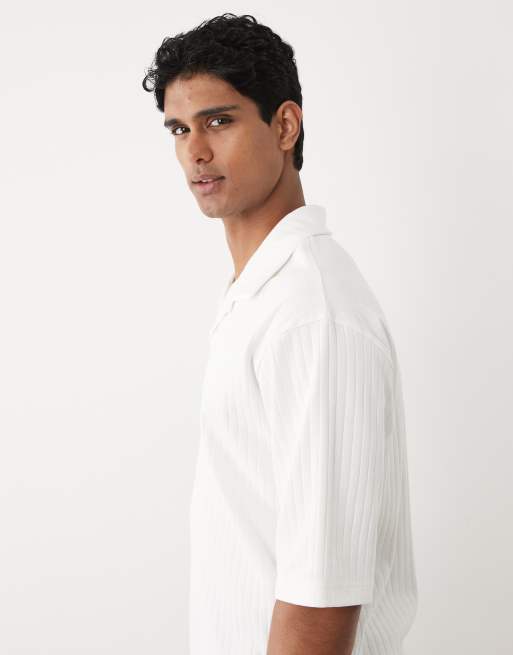 ASOS DESIGN heavyweight relaxed polo with half sleeves in white wide rib, 4 of 5