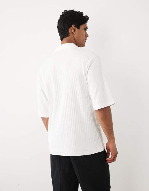 ASOS DESIGN heavyweight relaxed polo with half sleeves in white wide rib, 5 of 5