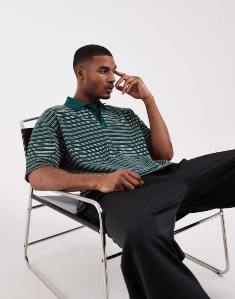 ASOS DESIGN heavyweight relaxed polo with textured stripe in green - view 1