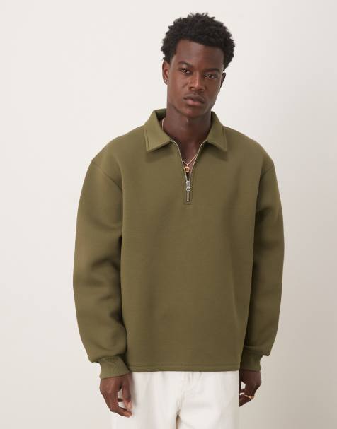 ASOS DESIGN heavyweight relaxed quarter zip sweatshirt in ivy green in  scuba-style fabric in khaki - view 1