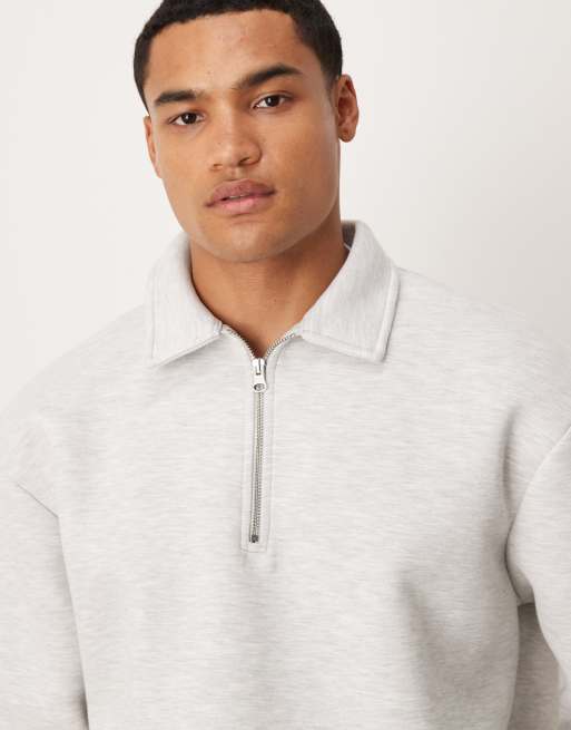 ASOS DESIGN heavyweight relaxed quarter zip sweatshirt in scuba-style fabric in ice heather, 5 of 5