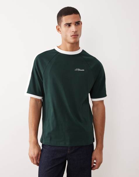 ASOS DESIGN heavyweight relaxed raglan t-shirt with panelling and social club graphic in dark green - view 1