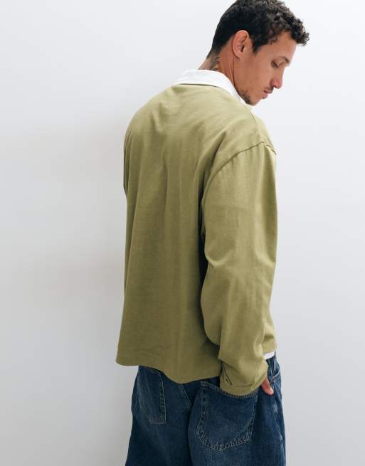ASOS DESIGN heavyweight relaxed rugby polo with graphic and step hem in khaki and white, 4 of 5