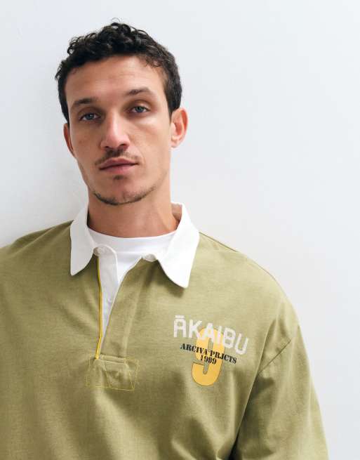 ASOS DESIGN heavyweight relaxed rugby polo with graphic and step hem in khaki and white, 5 of 5