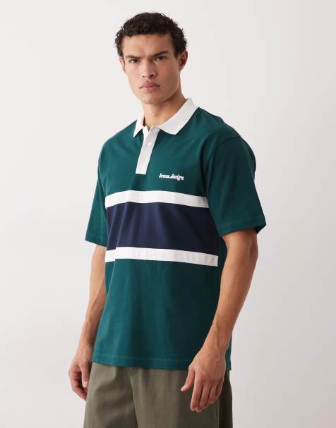 ASOS DESIGN heavyweight relaxed stripe polo in dark green texture - view 1