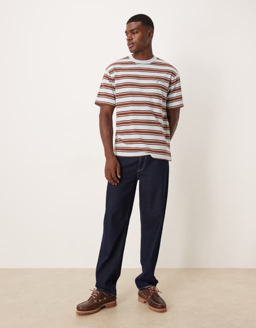 ASOS DESIGN heavyweight relaxed striped T-shirt with text graphic in blue and brown texture, 2 of 5