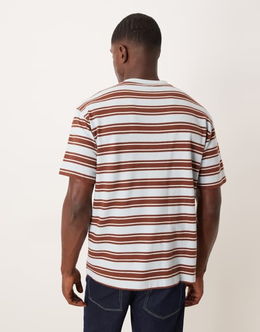 ASOS DESIGN heavyweight relaxed striped T-shirt with text graphic in blue and brown texture, 3 of 5