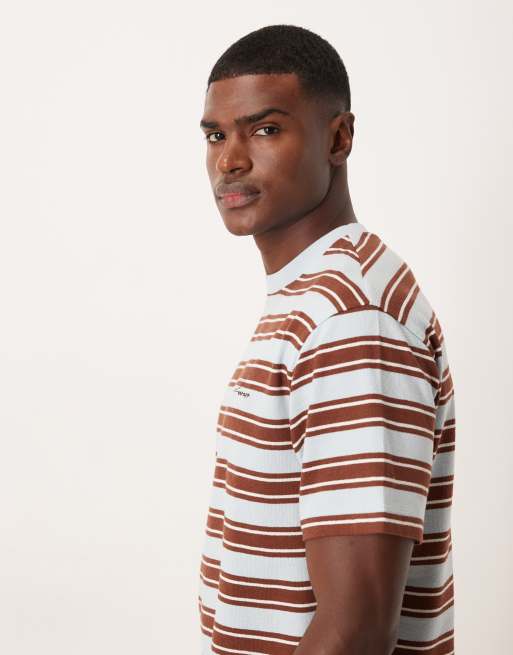 ASOS DESIGN heavyweight relaxed striped T-shirt with text graphic in blue and brown texture, 4 of 5