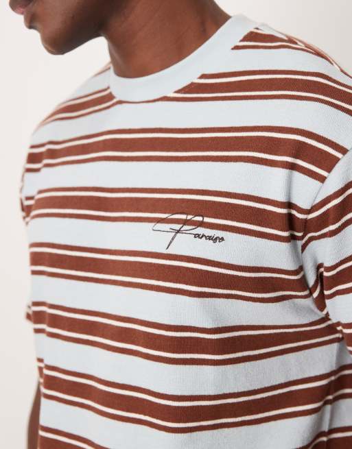 ASOS DESIGN heavyweight relaxed striped T-shirt with text graphic in blue and brown texture, 5 of 5