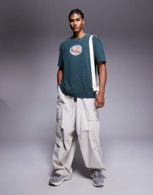 ASOS DESIGN heavyweight relaxed T-shirt with chest graphic in washed dark green  , 2 of 4