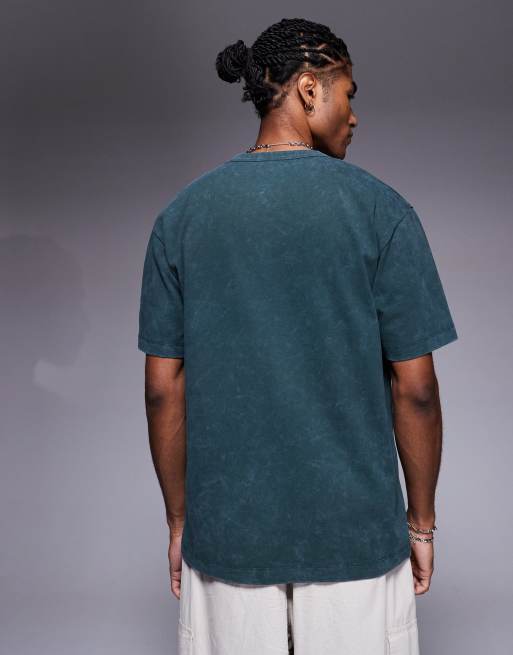 ASOS DESIGN heavyweight relaxed T-shirt with chest graphic in washed dark green  , 3 of 4