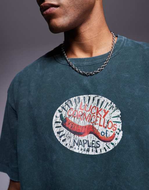 ASOS DESIGN heavyweight relaxed T-shirt with chest graphic in washed dark green  , 4 of 4