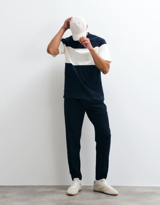 ASOS DESIGN heavyweight relaxed t-shirt with contrast panel in navy, 2 of 5