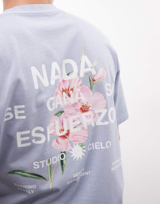 ASOS DESIGN heavyweight relaxed T-shirt with floral graphic in washed light blue, 5 of 5