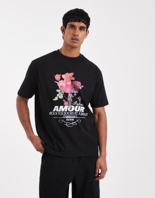 Asos Design Heavyweight Relaxed T-shirt With Floral Text Graphic In Black