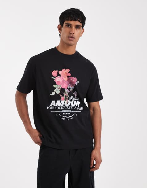 ASOS DESIGN heavyweight relaxed t-shirt with floral text graphic in black - view 1