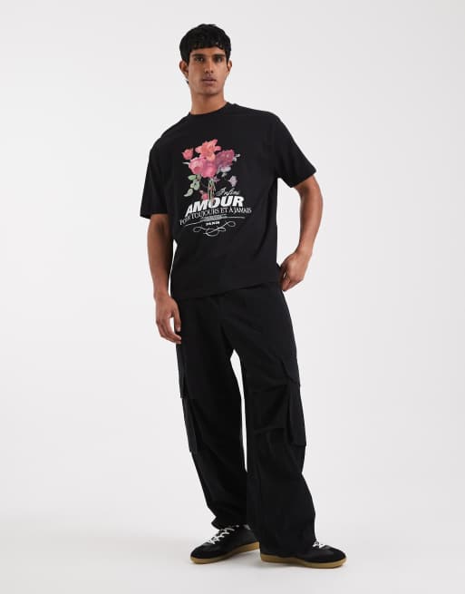 ASOS DESIGN heavyweight relaxed t-shirt with floral text graphic in black, 3 of 5