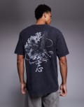 [ASOS DESIGN] ASOS DESIGN heavyweight relaxed t-shirt with heron graphic in washed black-Grey XL Asphalt