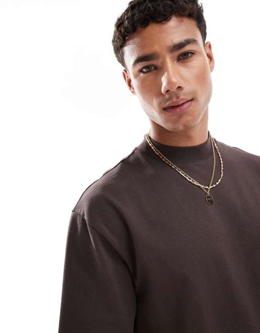 ASOS DESIGN heavyweight relaxed t-shirt with high neck in dark brown, 2 of 4