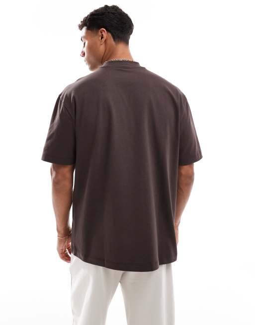 ASOS DESIGN heavyweight relaxed t-shirt with high neck in dark brown, 3 of 4