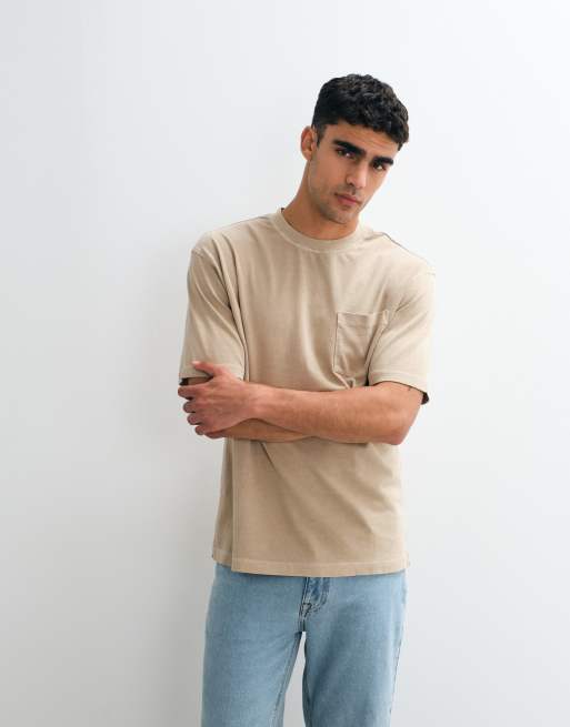 ASOS DESIGN heavyweight relaxed t-shirt with pocket in washed beige, 2 of 5