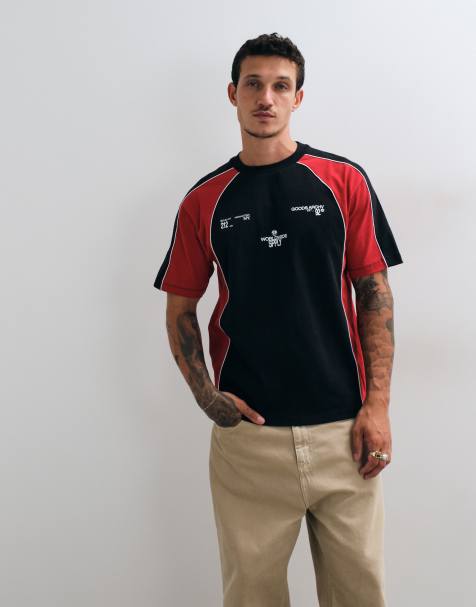 ASOS DESIGN heavyweight relaxed t-shirt with print and contrast panels in black and red - view 1