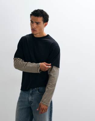Asos Design Heavyweight Relaxed T-shirt With Striped Double Sleeves In Black