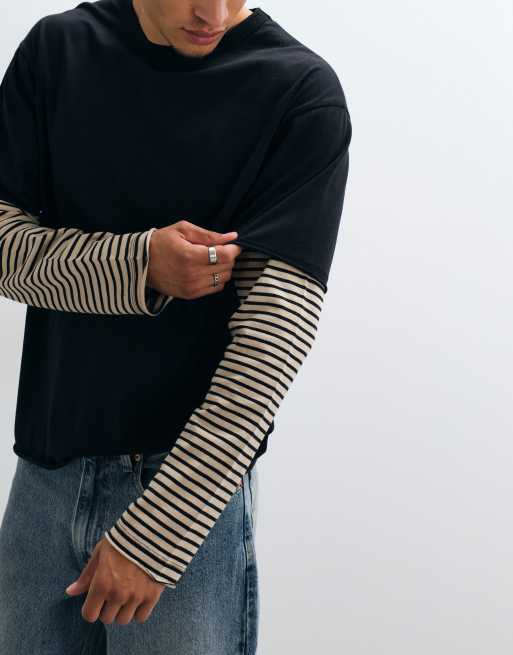 ASOS DESIGN heavyweight relaxed t-shirt with striped double sleeves in black, 3 of 5