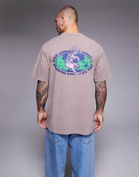 ASOS DESIGN heavyweight relaxed t-shirt with tiger graphic in washed brown - view 1