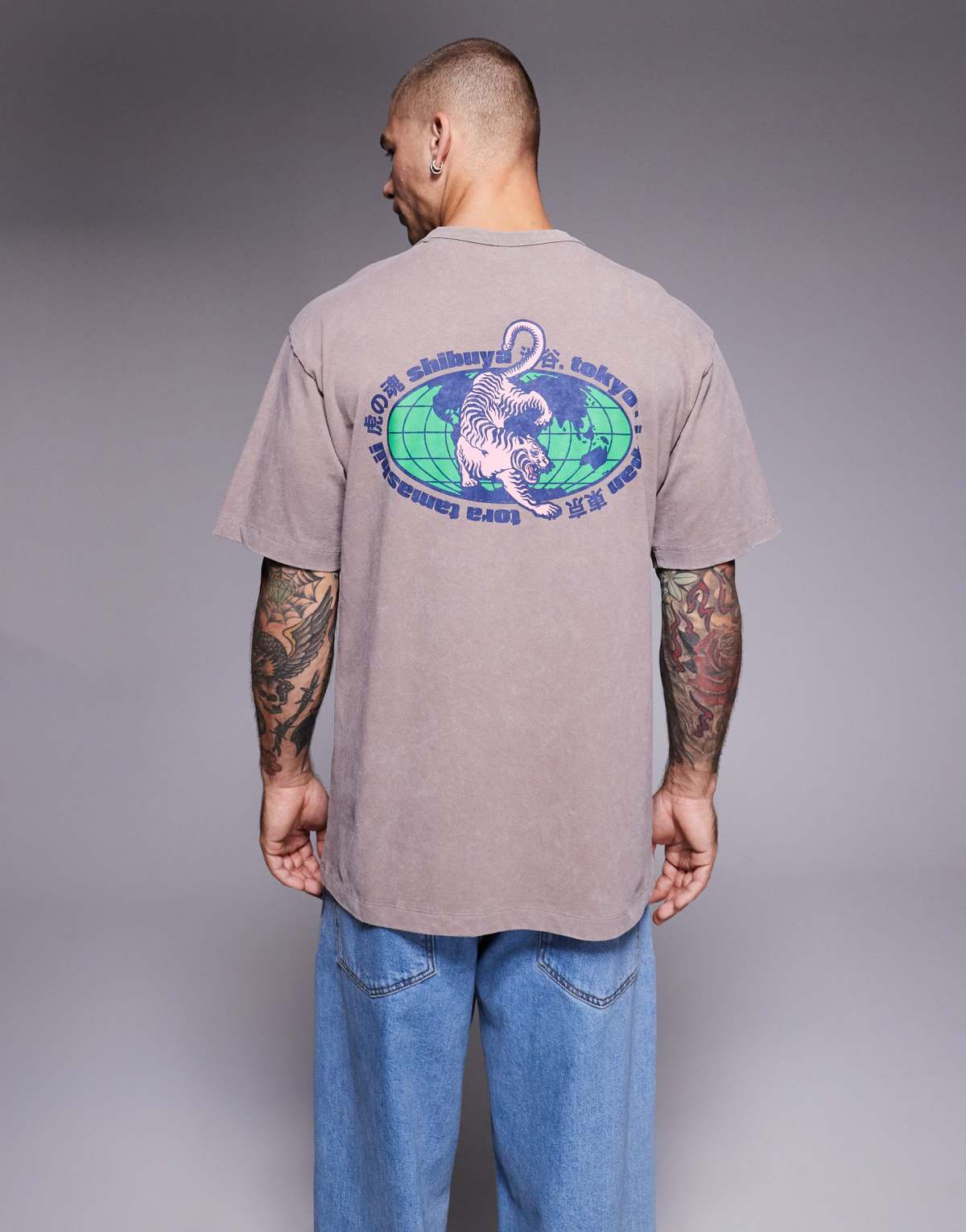ASOS DESIGN heavyweight relaxed t-shirt with tiger graphic in washed brown