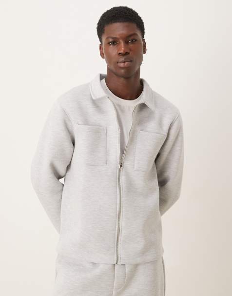 ASOS DESIGN heavyweight relaxed zip through jacket in scuba-style fabric in grey marl - view 1