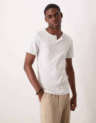 Asos Design Heavyweight Rib Knit Muscle Fit T-shirt With Open Neck In White