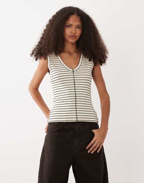 ASOS DESIGN heavyweight rib v-neck singlet with exposed seam detail in cream and black stripe - view 1