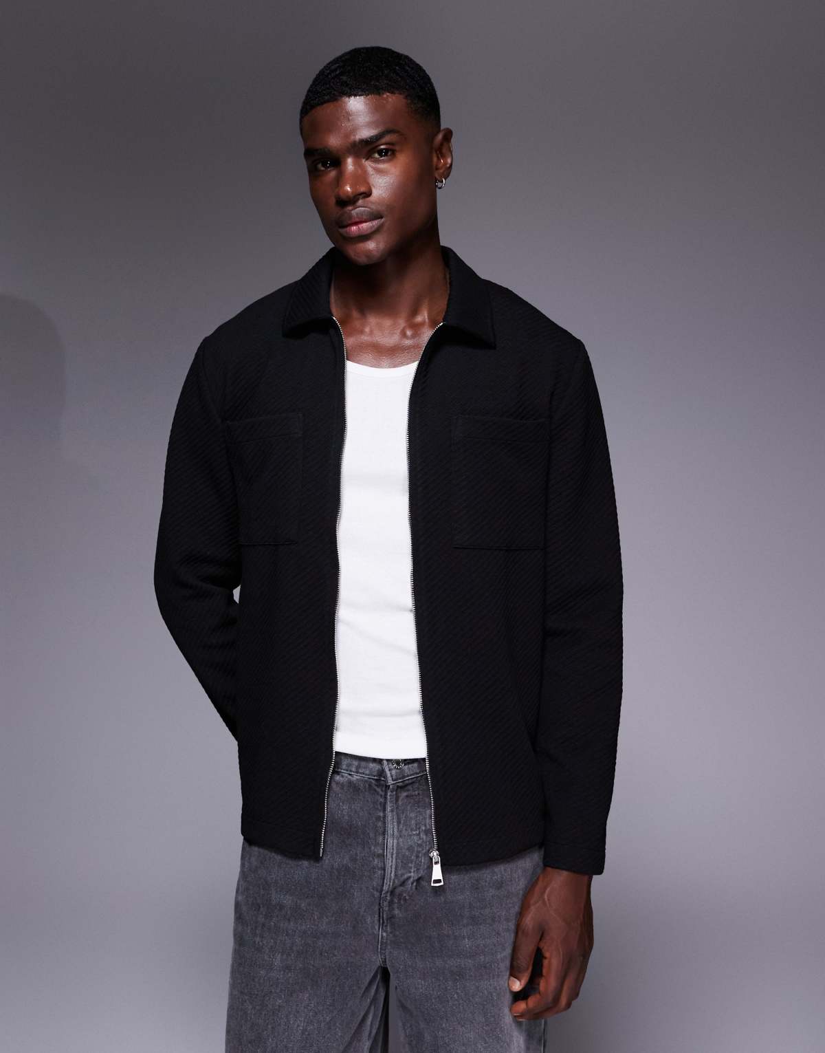ASOS DESIGN heavyweight ribbed jacquard zip through shacket in black