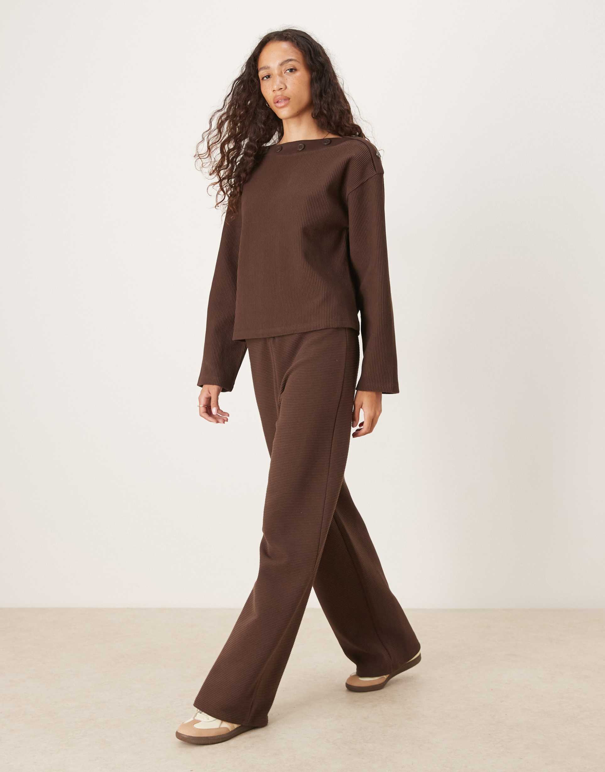 asos design heavyweight ribbed wide leg pants in chocolate - part of a set
