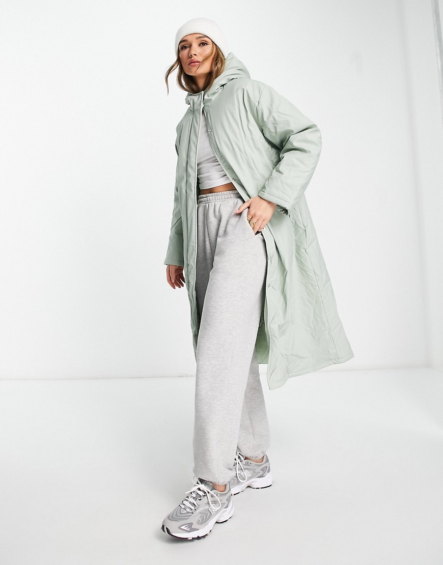 ASOS DESIGN heavyweight rubberized padded rain coat in sage-Green