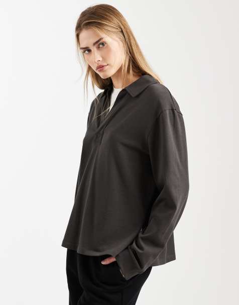 ASOS DESIGN heavyweight rugby collar long sleeve tee in charcoal - view 1