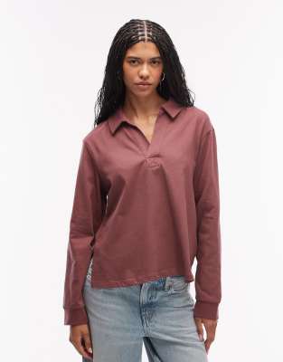 Asos Design Heavyweight Rugby Collar Long Sleeve Tee In Burgundy