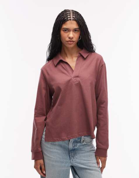 ASOS DESIGN rugby collar long sleeve tee in dark rose
