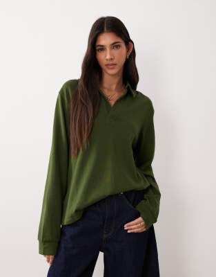 Asos Design Heavyweight Rugby Collar Long Sleeve Tee In Green