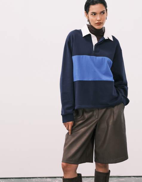 ASOS DESIGN heavyweight rugby polo sweatshirt with blue stripe in navy - view 1