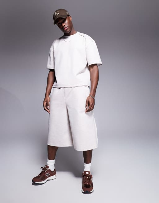 ASOS DESIGN heavyweight scuba jorts with raw edge in grey marl (part of a set)