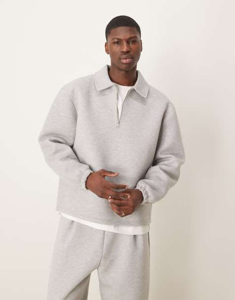 ASOS DESIGN heavyweight scuba oversized collar sweatshirt with fixed hem in grey marl - view 1
