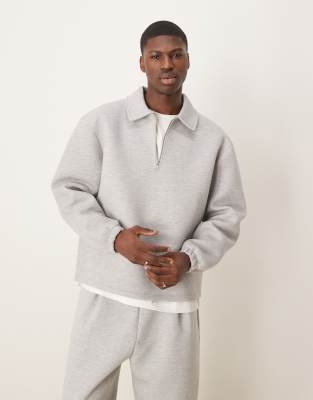 Asos Design Heavyweight Scuba Oversized Collar Sweatshirt With Fixed Hem In Gray