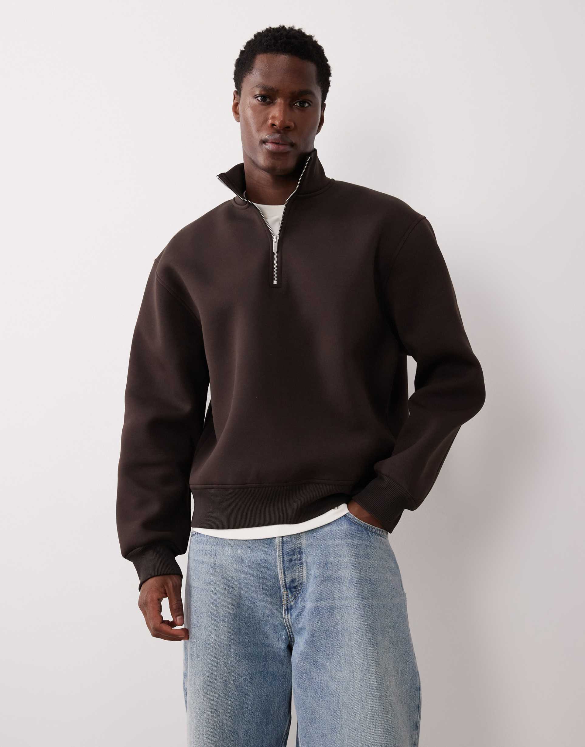 ASOS DESIGN heavyweight scuba-style fabric boxy quarter zip sweatshirt in brown