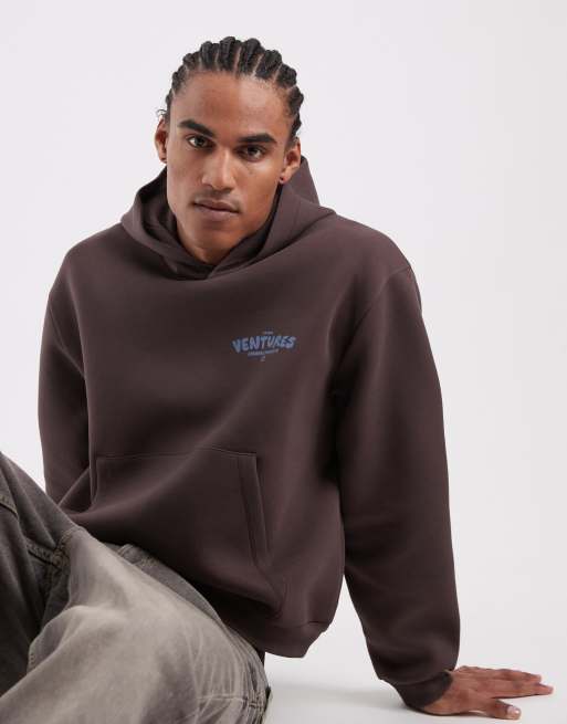 ASOS DESIGN heavyweight scuba-style fabric oversized boxy hoodie with text graphic in brown, 2 of 5