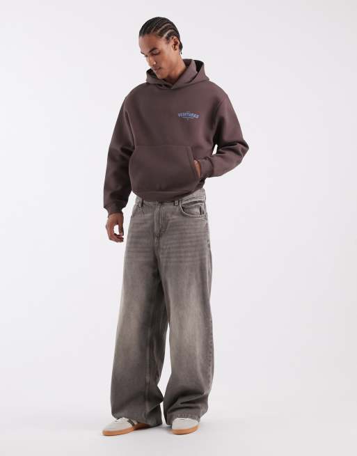 ASOS DESIGN heavyweight scuba-style fabric oversized boxy hoodie with text graphic in brown, 3 of 5