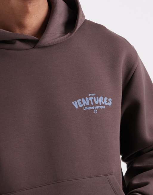 ASOS DESIGN heavyweight scuba-style fabric oversized boxy hoodie with text graphic in brown, 4 of 5