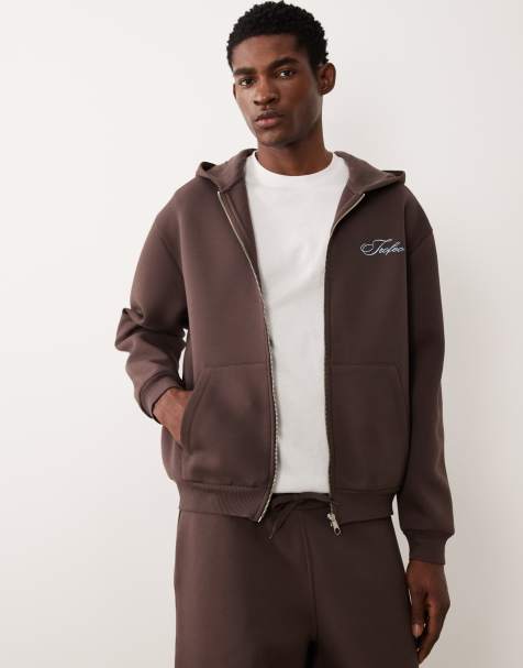 ASOS DESIGN heavyweight scuba-style fabric relaxed zip up hoodie with embroidery in brown - part of a set - view 1