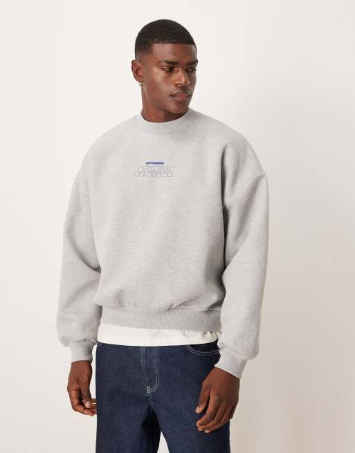 ASOS DESIGN heavyweight scuba-style fabric sweatshirt with chest print in grey marl, 3 of 5